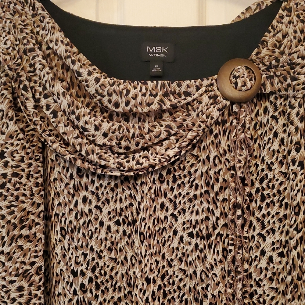 New Women's Brown Animal Print Top with Button Accent
